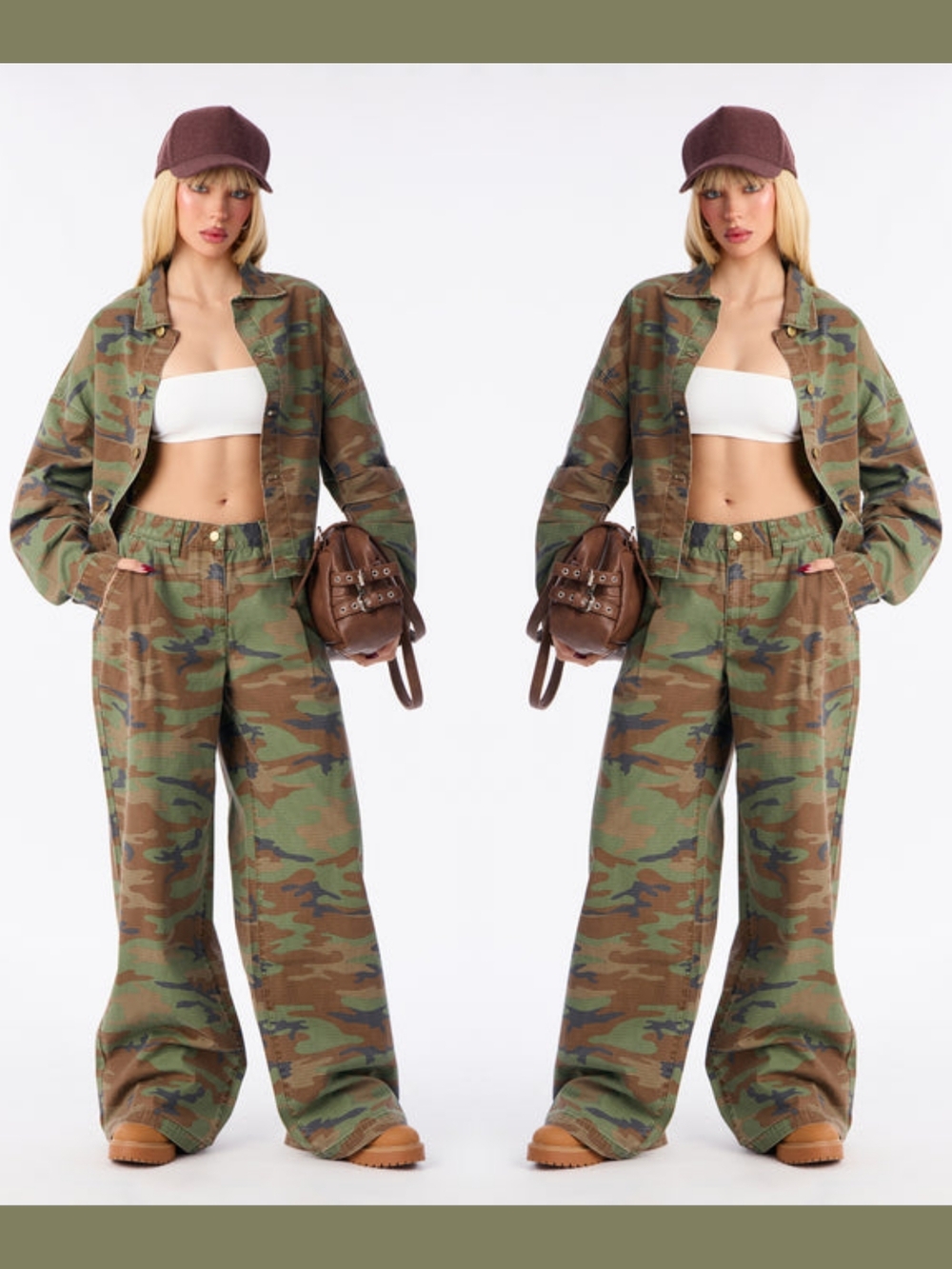 Fashion Nova Green Camo Wide-Leg Utility Pants